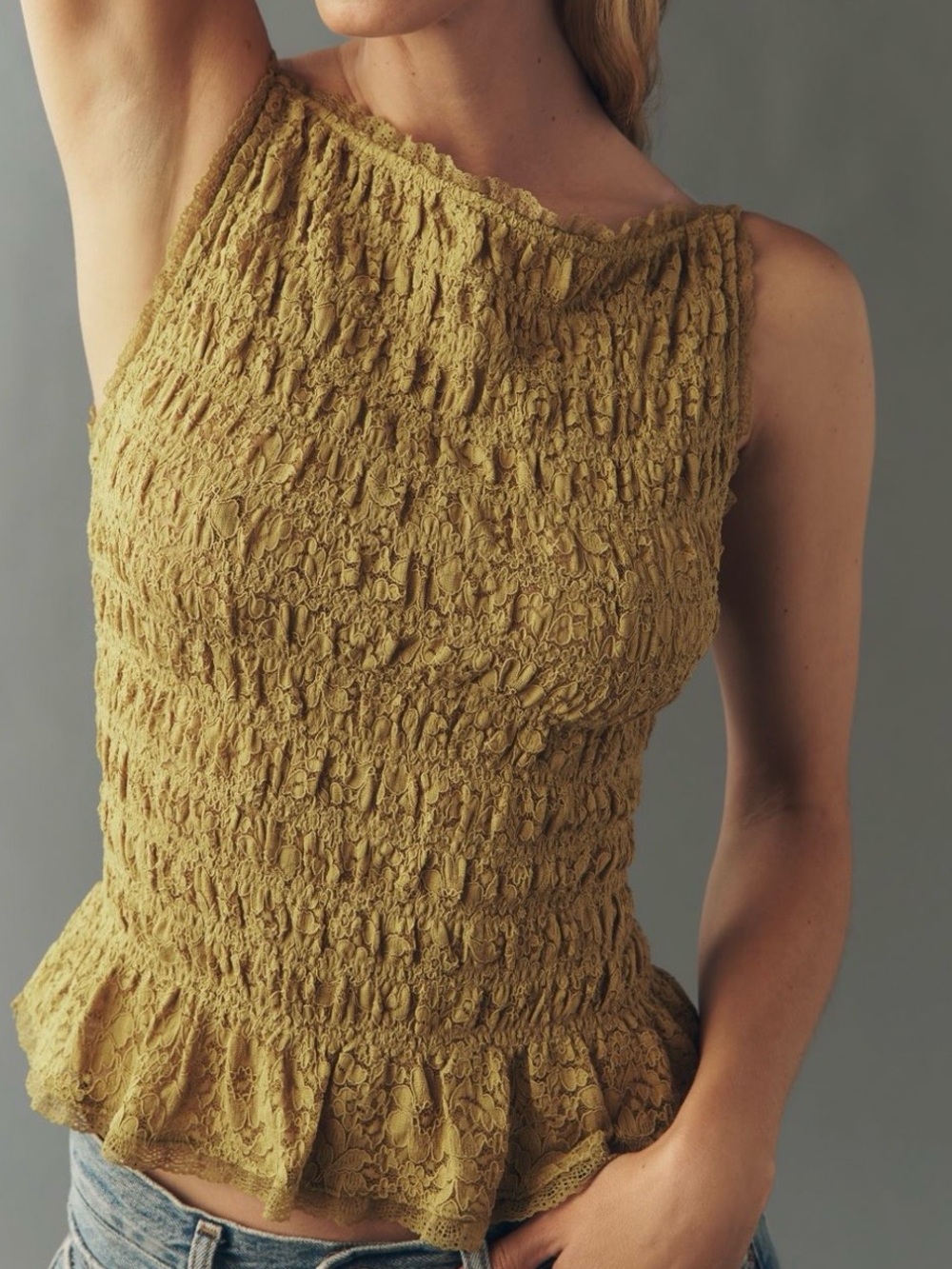 MAEVE Yellow Lace Shirred Tank Top Chartreuse Smocked Peplum Ruffle NWT